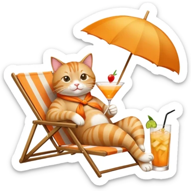 Cat relaxing on a beach chair, sipping a mai tai cocktail with umbrella sticker