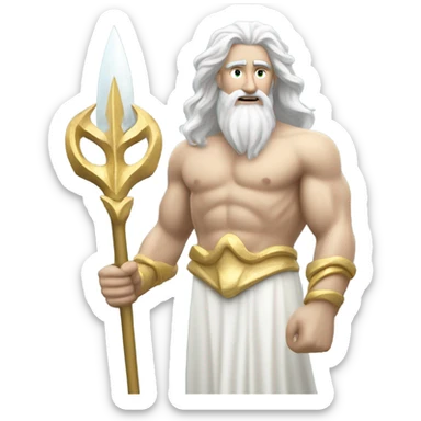 white man Poseidon with gold trident. long white hair white dress watch out sticker