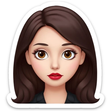 An featuring a woman with dark brown long hair, brown big eyes, light pinkish skin, red cheeks,  sticker