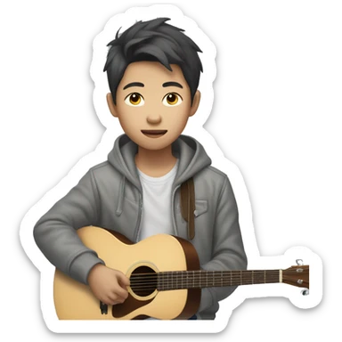 korean boy in unbuttoned grey hoodie jacket playing guitar  sticker