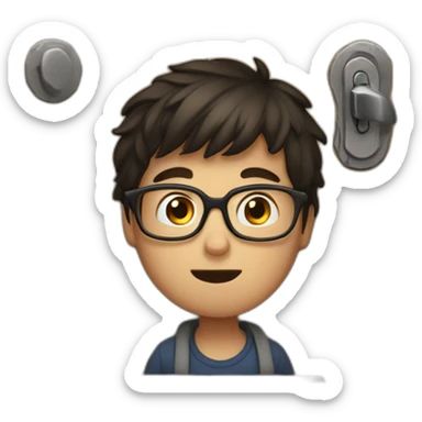 young dark-haired man with glasses struggling to lock a wooden door sticker