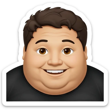 Hombre obeso latino piel canela, cara redonda-ancha, scruff sin barba completa, cejas gruesas, pelo oscuro ondulado flat largo hasta el cuello. Sonrisa amplia, expresión alegre. Camisa negra. Size large.  sticker