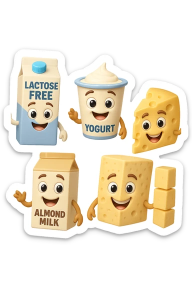 emoji stile iphone 3d di Latte e yogurt delattosati
Latte di mandorla (non zuccherato)
Latte di soia da proteine isolate
Formaggi stagionati (es. parmigiano)
Tofu compatto e tempeh
 che fluttuano in aria, iperealistico 4k sticker