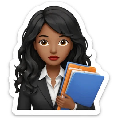 A young woman with long black hair, a wavy frange falling on half of her head. There's a long wavy stretch of hair falling on the side of her head. She's black, medium to dark skinned with thick lips. She's holding folders, and she's a CEO, but she's wearing casual clothes. she has long eyelashes. sticker