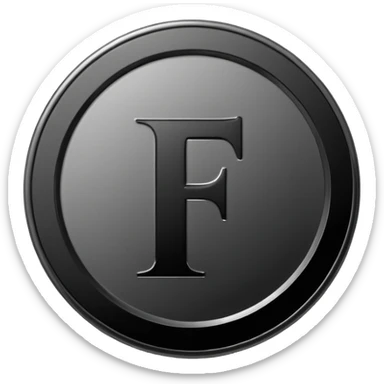 Emoji icon of a black coin with engraved letter F, minimalist style, isolated, no color sticker