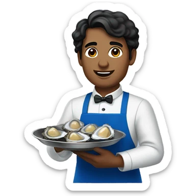 a waiter with black hair in a blue apron holds oysters sticker