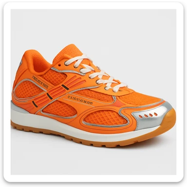 Recreate the Bottega Veneta Orbit sneaker in bright orange, exact design, shown in a 3D turned perspective (not flat 2D), similar to the reference image, realistic, clean background. The style should be realistic and 3D as in the reference images. sticker