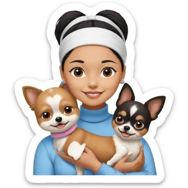 tan skin woman, with short black hair in a slicked back ponytail with forehead showing, with white headband, wearing solid pastel blue turtleneck shirt, smiling carrying dark brown-white furry fuzzy chihuahua pomeranian dog sticker