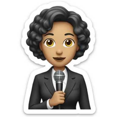 Woman wearing a suit while holding a microphone sticker