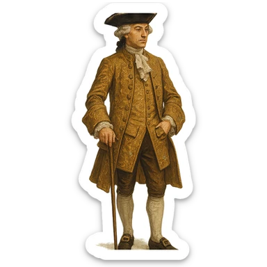 18th century gentleman standing, ornate frock coat, tricorn hat, cane, full body, no background, different artistic style sticker