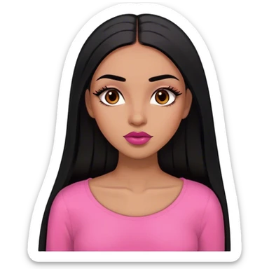 Woman,light brown skin,super long black straight hair, medium brown arched eyebrows, full lashes, red nude lips , pink shirt sticker