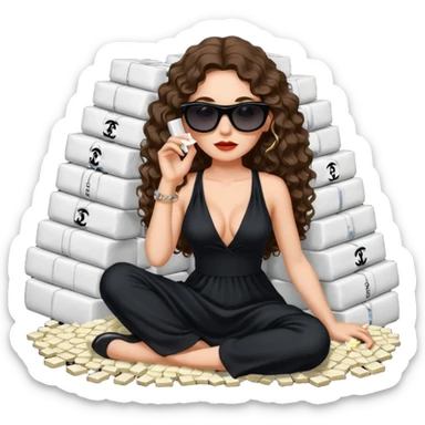 Female drug boss with long curly brown hair,  sitting on a pile of cocaine, sunglasses on and wearing black low cut long Chanel dress sticker