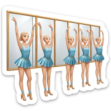 Icon for Choreography: a group of dancers in identical poses by a wall with mirrors, holding a long barre with one hand, and a teacher standing at the side. The icon should represent the discipline, synchronization, and guidance in dance training. Transparent background. sticker