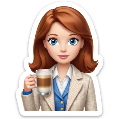 A Barbie girl with blue eyes, shoulder-length reddish-brown hair, made-up, wearing a white tweed jacket and a white skirt, with a glass of coffee in her hands sticker