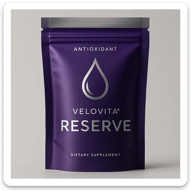 A modern, elegant purple supplement pouch with shiny silver highlights and a simple droplet logo, evoking a premium antioxidant product like VELOVITA® RESERVE. sticker