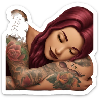 Beautiful tattooed burgundy long haired woman laying on the boyfriends chest sticker