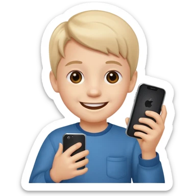 happy little kid holding a phone sticker
