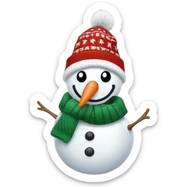 A snowman wearing an ugly Christmas sweater with a funny hat sticker