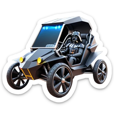Mad max survival apocalypse ghostly sporty Darth Vader’s Batman-armored 1876 black graphite colored enclosed twin seat town buggy with horizontal holographic 3d stars painted on the body sides and neon under glow  sticker