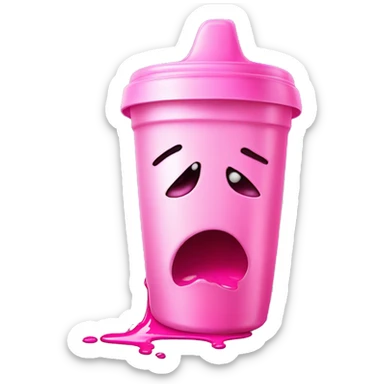 A spilled sippy cup with pink liquid, a twisted reflection of a face, representing confusion and emotional manipulation. sticker