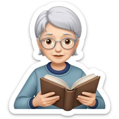 elderly woman with silver hair, reading a book, simple and expressive sticker