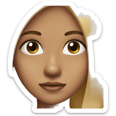 A girl with a round face, but beautiful. Straight hair slightly below the shoulders, parted to the right, brown in color. Big brown eyes, a small bump on her nose, large lips, and beautiful cheekbones, with black, not thin, eyebrows. sticker