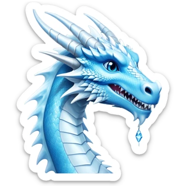 Cinematic Noble elegant Ice Dragon Portrait Emoji, Poised and imposing, distinct long elegant snout, with a slender, scaled body shimmering in glacial hues of icy blue, frostbitten silver, and crystalline white, breathing out frost, with piercing, glowing ice blue white eyes that radiate the chilling depths of an arctic storm; rendered in detail. sticker