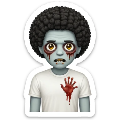 Make a image of a zombie with a curly  Afro with a  fade make it like a emoticon not as scary make hair black and with a white t shirt  sticker