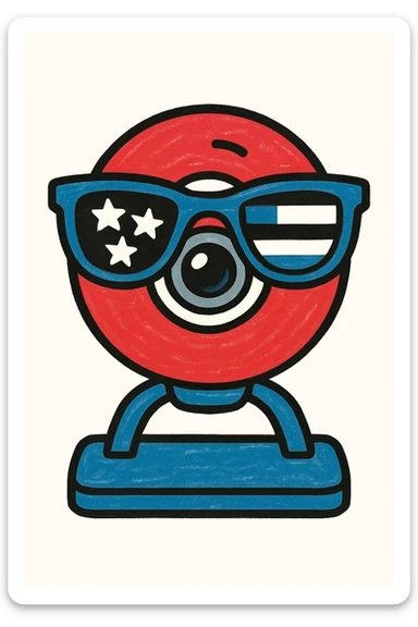 Recolor the webcam and festive elements using only the colors of the American flag: red, white, and blue, while maintaining a cheerful and festive style. sticker