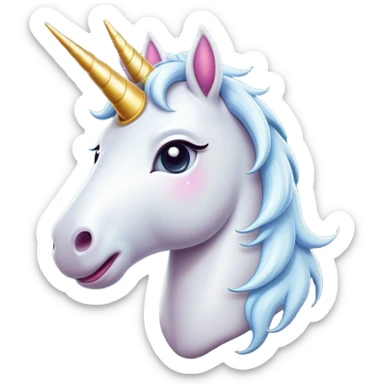 Cinematic Comical White Unicorn Portrait Emoji, Head tilted dramatically with an exaggeratedly amused expression, featuring a slender, radiant form with a playfully sparkling horn and wide, comically expressive eyes full of enchanting disbelief, Simplified yet hilariously expressive features, highly detailed, glowing with a slightly sassy magical glow, high shine, dramatic yet playful, stylized with an air of cheeky mythic mischief, soft glowing outline, capturing the essence of a meme-worthy white unicorn that looks ready to prance its way into viral fame! sticker
