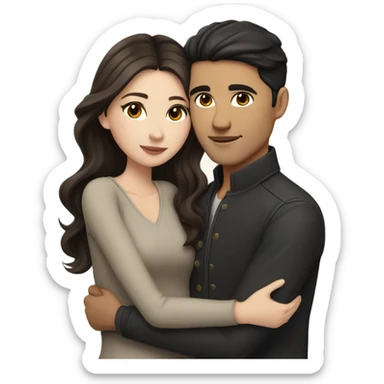 A pale half Asian man with short dark hair and amber eyes embracing and loving a white woman with long wavy brunette hair and dark hazel eyes. They love each other a lot And have good fashion taste and are hugging each other tight  sticker