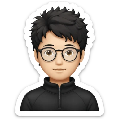Make an Asian male with black fluffy messy hair wearing a black quarter zip and glasses sticker