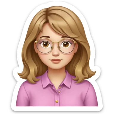 young adult woman with light skin, round face, prominent cheeks, medium plump body, long light brown hair with golden highlights, voluminous and wavy, long bangs over eyebrows, large octagonal glasses with thin golden or light pink frame, casual dark shirt sticker