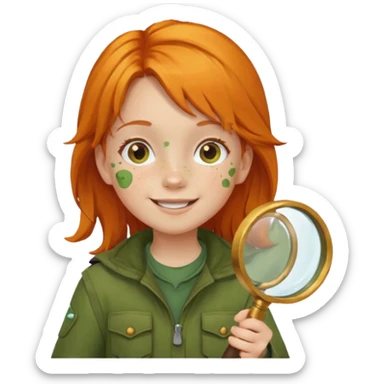 braid orange haired girl kid in moss green explorer outfit, holding magnifying glass, smile sticker