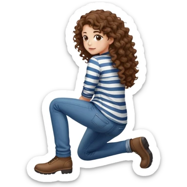 girl with curly hair in jeans and striped shirt kneeling on the ground seen from behind sticker