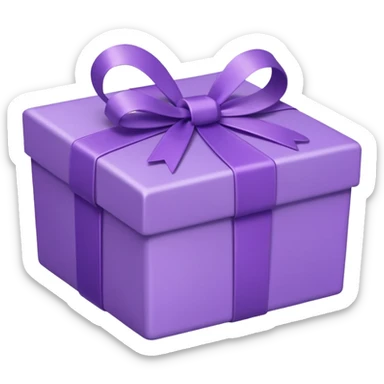 A cute emoji-style illustration of a purple gift box with a ribbon, pastel purple tones, rounded shape, kawaii style, simple clean lines, soft shading, minimal details, centered composition, transparent background sticker