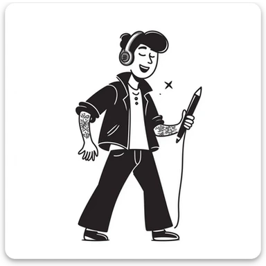 rock star with neat trimmed beard, tattooed arms, headphones resting on shoulders, happy expression, holding mic in one hand and pencil in other sticker