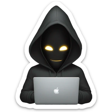 hooded masked man with a laptop and bright glowing white eyes sticker
