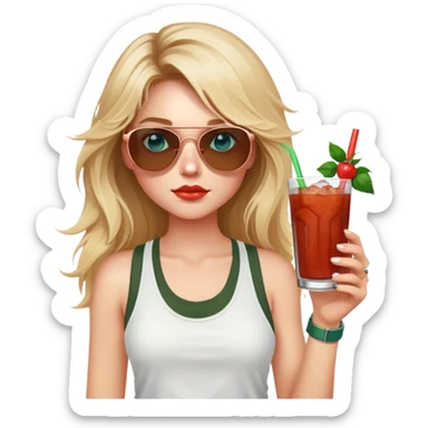 girl with long blond messy hair
with blue eyes
and aviator sunglasses
wearing white tank top 
holding bloody mary
wearing (rose gold apple watch with forest green band) sticker