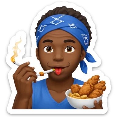black man eating fried chicken with blue bandana and cigarette in teeth. Create this emoji in apple emojis style sticker