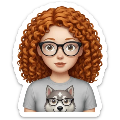 make a ginger girl with freckles and glasess. make her hair curly and she has a husky on her shirt sticker