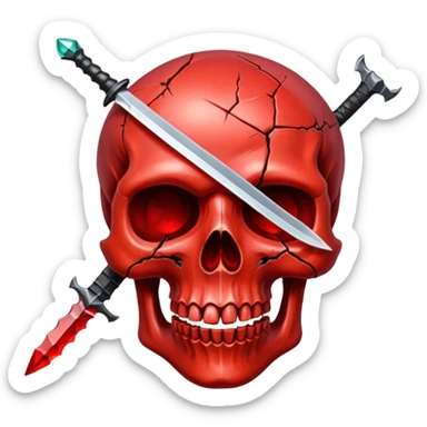 make me a red crystal skull partly see thew super gem like make it realistic and held together by a black bow and a small dager to the eye with cracks coming from it have the bow be loosly tied around the skull holding it together make the blade super realistic  sticker