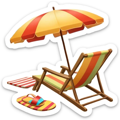 Icon for Beach Tourism: a sunny beach with the sea and waves, a lounge chair, a sun umbrella, and flip-flops on the sandy shore. The background should be a clear, vibrant ocean view with the sun shining brightly. Transparent background. sticker