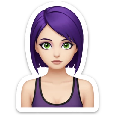 alternative girl with dark purple hair and big eyelashes, beautiful makeup and greenish grey eyes, straight eyebrows & wearing a low cut black tank top sticker