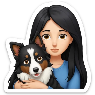 A white girl with long black  hair tightly hugged a Border Collie sticker