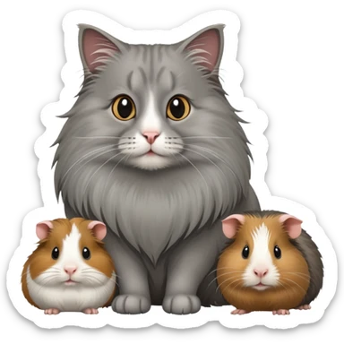 grey long haired cat with two guinea pigs sticker