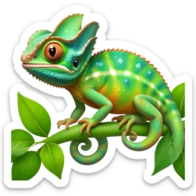 cinematic cute-smiling baby chameleon-realistic emoji,-blending-with-vibrant-greenery.-detailed-scales-in-shifting-colors,-showing-the-chameleon’s-ability-to-camouflage.-soft-natural-light-highlights-its-texture.-light-background, zoomed into its face sticker