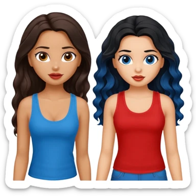 generate a pretty tan bratz girl with brown wavy hair long wearing a red tank top. talking to a girl with black hair wearing blue sticker