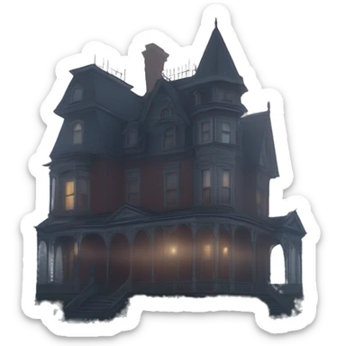 Wide view, A very roomy ramshackle Victorian mansion looms through dense fog at dusk  sticker