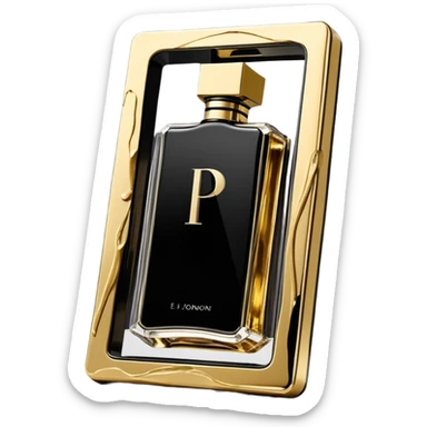 `Floating smartphone frame showing a rotating product video (e.g., perfume bottle) bleeding into metallic gold (#D4AF37) brushstrokes forming a "P" logo, obsidian black (#000000) phone frame, bold condensed font (e.g., Archivo Black), viral-ready aesthetic with painterly textures --style abstract --no cluttered details, text-heavy designs sticker